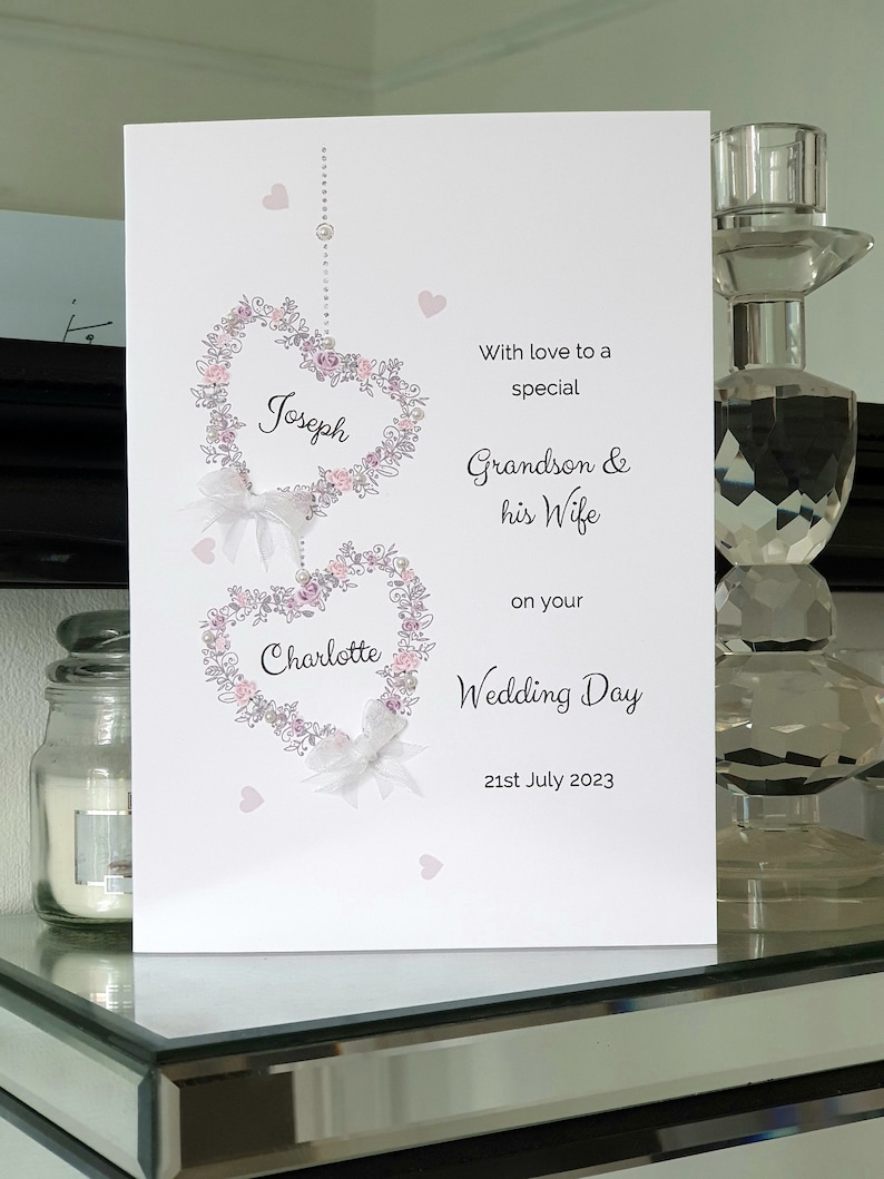 Grandson and his wife personalised wedding day card, butterfly heart wedding card, bride and groom card, to the new mr and mrs card image 2