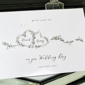 White wedding card,  two hearts wedding day card, personalised name and date wedding card, to the new mr and mrs card, wedding card