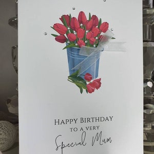 Happy Birthday to a very special Mama Karte, Mama Geburtstagskarte, besondere Mama Geburtstagskarte, rote Tulpen Mama Geburtstagskarte
