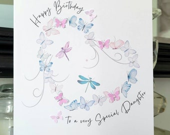 Biglietto di compleanno per figlia con cuore farfalla | Biglietto di auguri di compleanno femminile per qualsiasi età, biglietti di compleanno per figliastre, multicolore