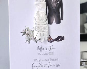 Daughter and son in law personalised wedding day card, wedding dress and suit card, bride and groom card, wedding card