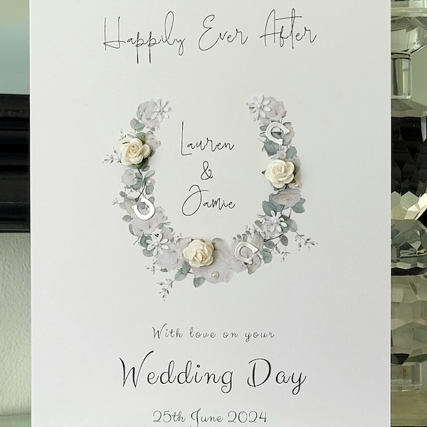 Horseshoe wedding card, personalised wedding day card, personalised name and date wedding card, to the new mr and mrs card, wedding card,