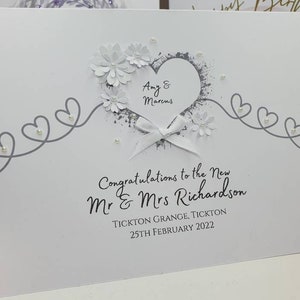 White wedding card, wedding day card, personalised name and venue wedding card, to the new mr and mrs card, white flower heart wedding card