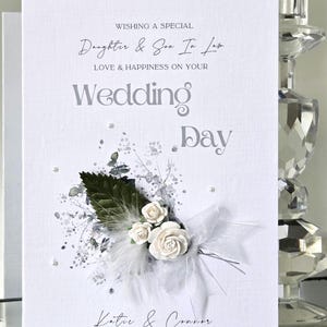 Tarjeta de boda personalizada para hija y yerno, tarjeta de boda con ramo de flores blancas, tarjeta para novios, tarjeta para el nuevo señor y señora