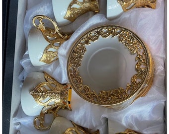 Beautiful silver & gold Turkish coffee cups with plates