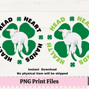 May include: Two green four-leaf clover designs with a white lamb in the center. The clovers have the words "HEAD", "HEART", "HANDS", and "HEALTH" written around them.