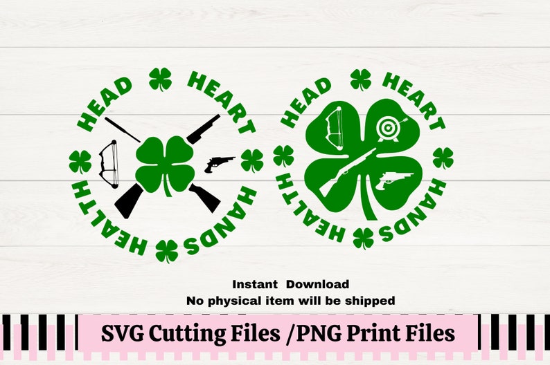 May include: Two green four-leaf clover designs with the words "Head, Heart, Hands, Health" surrounding each clover.  The clovers have different symbols in each leaf: a bow and arrow, a target, a rifle, and a pistol.