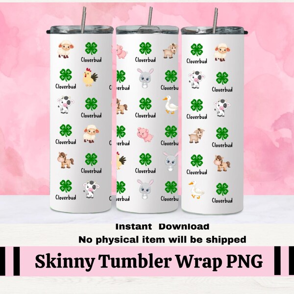 4H Cloverbuds Farm Animal Skinny Tumbler Wrap PNG, Cloverbud Clover Sublimation Print