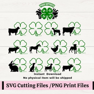 Trèfle 4H SVG pour décalcomanies, mise en scène 4H, porcs, volaille, lapin, produits laitiers, bouvillon, chien, chèvre, agneau 4H SVG pour t-shirts de club, animaux de foire du comté