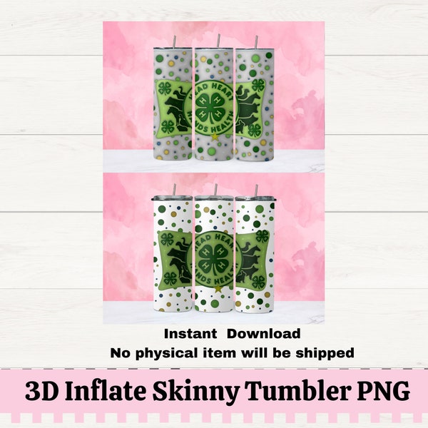 4H Livestock Animals 3D Inflate 20oz. Skinny Tumbler Wrap PNG, 4H Clover PNG for Sublimation, 4H Proud, County Fair Animals