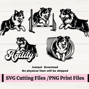 Peut inclure: Graphique noir et blanc d'un Border Collie pratiquant des exercices d'agilité. L'image comprend des chiens sautant des obstacles, courant dans un tunnel et le mot "Agility". Le texte "SVG Cutting Files /PNG Print Files" est également présent.