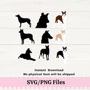 May include: A set of digital cut files featuring a Collie dog in various poses. The files include a black silhouette of the dog, a white dog with black markings, a brown dog with white markings, and a light brown dog with white markings. The files are available for instant download and are suitable for use with cutting machines.