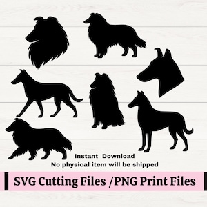 Op de afbeelding: Zwarte silhouetbeelden van honden in verschillende poses, waaronder zijprofielen en close-ups. De tekst "SVG Cutting Files / PNG Print Files" wordt onderaan de afbeelding weergegeven.