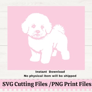 Può includere: Una silhouette bianca di un Bichon Frisé su sfondo rosa. Download immediato. Nessun articolo fisico verrà spedito. File di taglio SVG / File di stampa PNG.