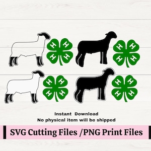 May include: SVG and PNG cutting files featuring sheep silhouettes and green four-leaf clovers with the letters "H". The image includes the text "Instant Download" and "SVG Cutting Files / PNG Print Files" on a white wood-grain background.