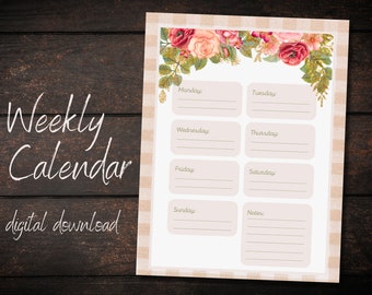 Wekelijkse kalender afdrukbare digitale download Shabby Chic Floral