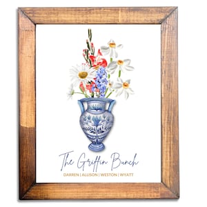 Birth Flower Family Bouquet Blue Vase Digital Art - 8x10 printable file