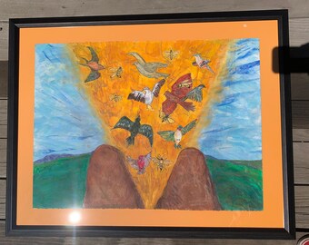 May include: A framed painting depicting a colorful scene of birds and insects flying upwards from a green landscape. The birds are painted in various shades of blue, red, white, and black, while the insects are yellow and brown. The background is a bright yellow with a blue sky.