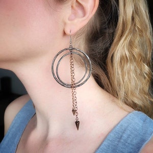 Gunmetal and Copper Mixed Metal Hoop Rustic Earrings with Mini Spike, Artisan Earrings
