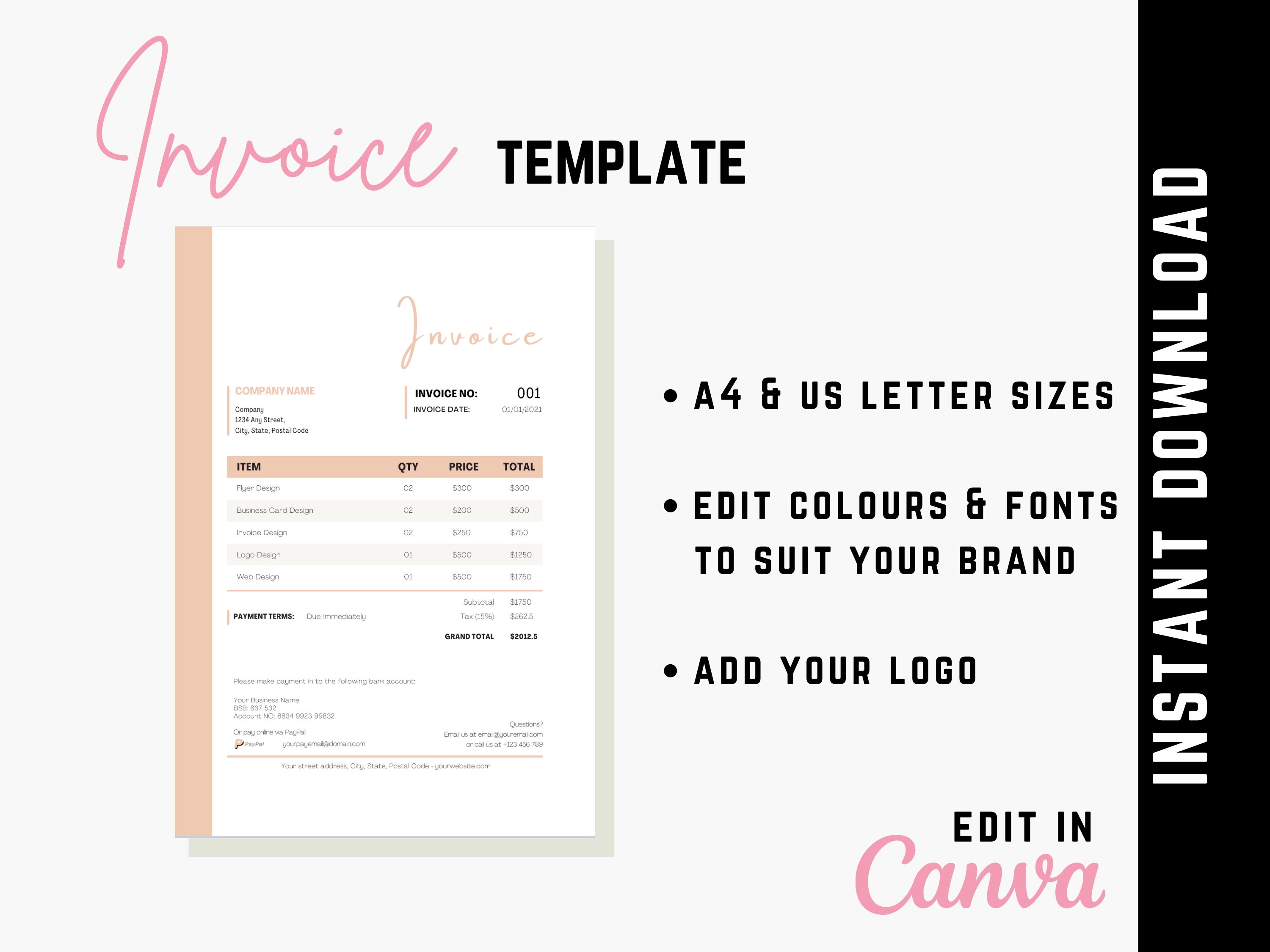 canva invoice template classic printable a4 us letter etsy