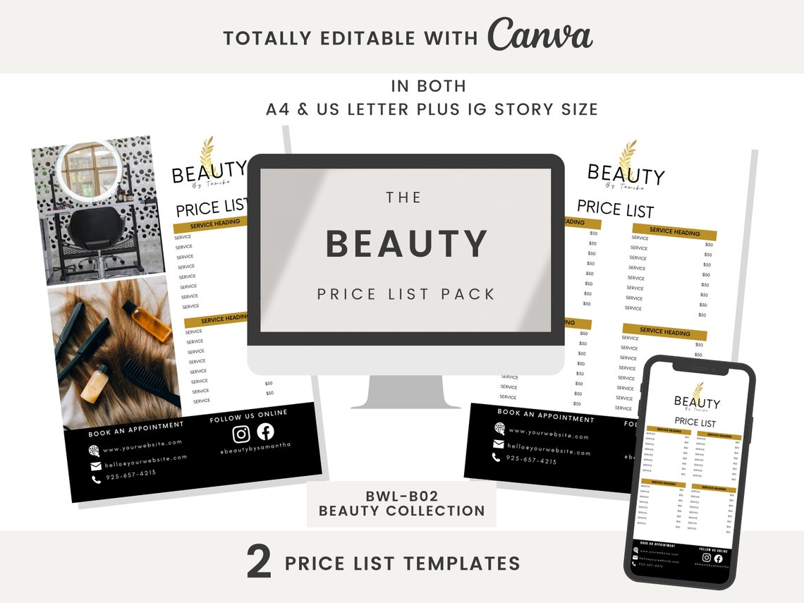 Salon Price List for Wall Price List Template Canva DIY Etsy Australia