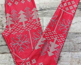 Christmas Red Nordic Style Leggings, Super Soft Milk Silk Leggings, Premium Quality Yoga Leggings, Colourful Leggings