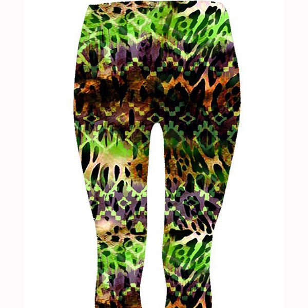 Green Tribal Safari Leggings, Super Soft Milk Silk Leggings, Colourful Leggings, Animal Tribal Leggings, Festival & Hippie Clothing