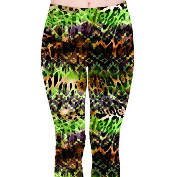 Green Tribal Safari Capri Leggings, Super Soft Milk Silk Leggings, Tribal Leggings, Yoga Leggings, Festival Hippie Clothing