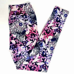 Sugar Skull Floral Purple Pink Halloween Leggings, Super Soft Milk Silk Leggings, Beautiful Halloween Kids & Mum Matching Yoga Leggings