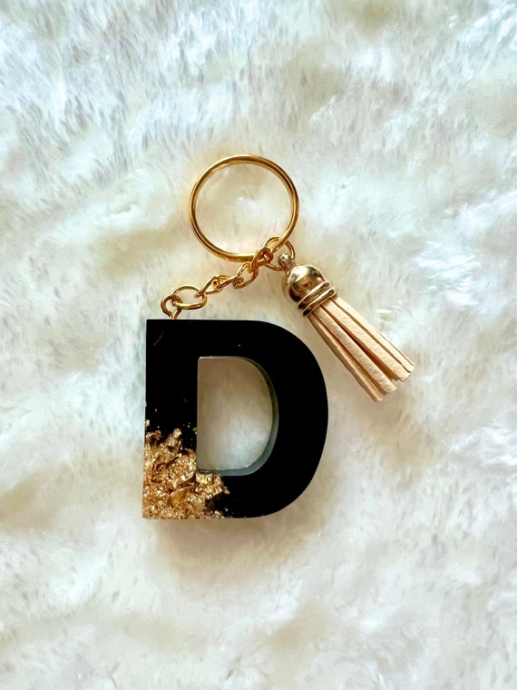 Initial Keychain black Gold Leaf Resin Letter Keychain handmade