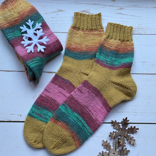 Handgestrickte Socken gelb-bunt in 40/41 Unisex Socken Damensocken Warme Socken