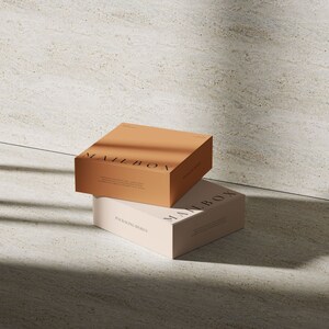 May include: Two square cardboard boxes stacked on top of each other. The top box is a warm tan color with the word MAILBOX printed in black. The bottom box is a light cream color with the word MAILBOX and the text PACKAGING DESIGN printed in black.