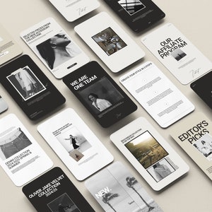 Pode incluir: Uma cole&ccedil;&atilde;o de telas de smartphones com v&aacute;rios designs e texto. As telas apresentam imagens, texto e gr&aacute;ficos em tons de preto, branco e bege. Algumas telas exibem frases como "Editor's Picks" e "Denim Collection".