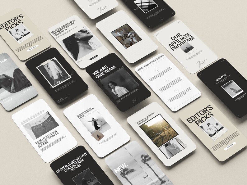 Pode incluir: Uma cole&ccedil;&atilde;o de telas de smartphones com v&aacute;rios designs e texto. As telas apresentam imagens, texto e gr&aacute;ficos em tons de preto, branco e bege. Algumas telas exibem frases como "Editor's Picks" e "Denim Collection".