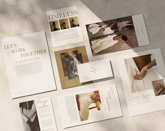 Könnte beinhalten: Eine Sammlung von Marketingmaterialien, darunter Broschüren, Visitenkarten und Flyer in Beige- und Weißtönen. Die Dokumente zeigen Texte wie Let's Work Together, Timeless und Golden Elegance sowie Fotografien von Schmuck und Kleidungsstücken.