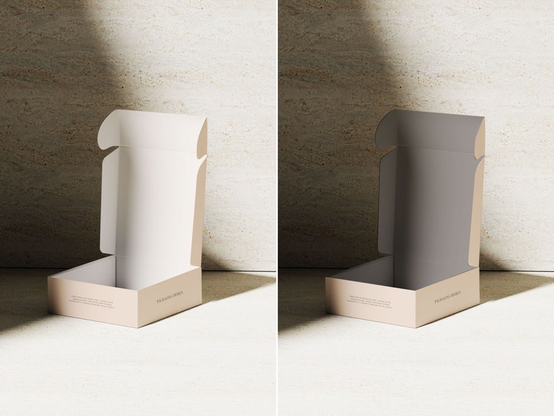May include: A beige cardboard shipping box with an open lid, featuring a clean interior and the text PACKAGING DESIGN printed on the front panel. The box is presented in two variations, one with a white interior and one with a dark gray interior.