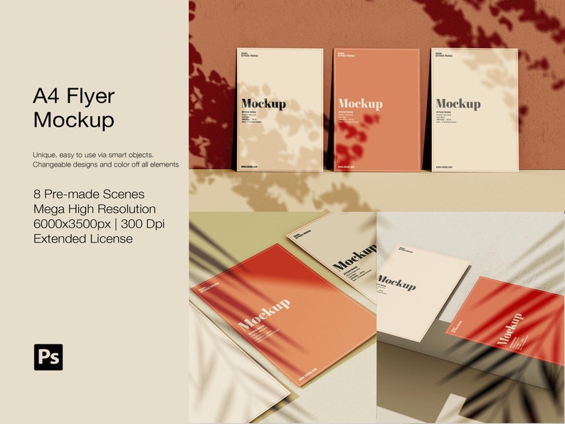 May include: Mockup of eight A4 flyer designs with a peach background and shadows. The text "Mockup" appears on each flyer.