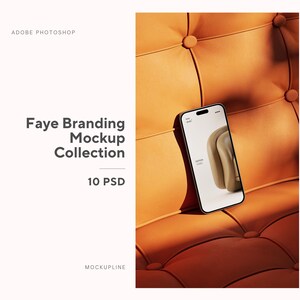 May include: A smartphone mockup displaying a design, leaning against a tufted orange leather surface. The phone screen shows a neutral-toned design. Text on the left reads "Faye Branding Mockup Collection" and "10 PSD".