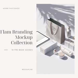 May include: A branding mockup collection for a company called "Flam" featuring a variety of products, including a shopping bag, bottles, boxes, and jars. The products are arranged on a white surface with a shadow of a palm leaf.