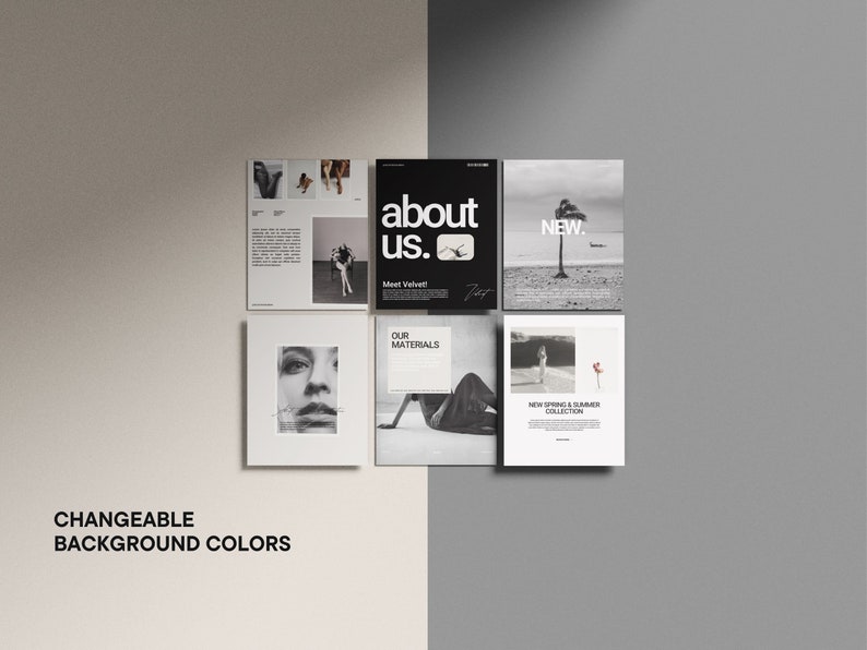Pode incluir: Uma cole&ccedil;&atilde;o de seis fotografias em preto e branco com sobreposi&ccedil;&otilde;es de texto. As fotografias mostram uma mulher com um vestido, uma palmeira numa praia, uma mulher com um vestido, o rosto de uma mulher, uma mulher com um vestido e uma mulher com um vestido. As sobreposi&ccedil;&otilde;es de texto incluem "about us", "Meet Velvet", "Our Materials", "New", "New Spring & Summer Collection" e "Meet Velvet".