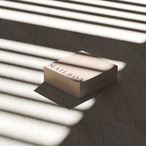 May include: A square, light beige cardboard box with the word MAILBOX printed in black serif font on the top surface. The box features additional small text on the side panels, including the phrase PACKAGING DESIGN, and sits in a light-filled area.