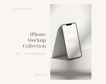 Op de afbeelding: Een witte iPhone-mockup met een schaduw op een wit oppervlak. Het telefoonscherm toont de tekst "New and Big Mega High Resolution".