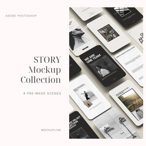 Pode incluir: Uma cole&ccedil;&atilde;o de mockups de smartphones em preto e branco, mostrando v&aacute;rios designs. O texto "STORY Mockup Collection" e "8 PRE-MADE SCENES" s&atilde;o vis&iacute;veis. A imagem tamb&eacute;m inclui o texto "ADOBE PHOTOSHOP" e "MOCKUPLINE".