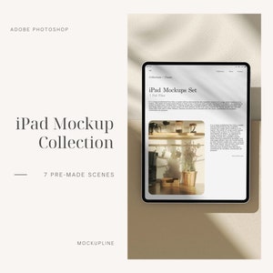 May include: A mockup of an iPad Pro displaying a website with the text "iPad Mockups Set" and a photo of a kitchen interior. The website also includes the text "Collections / Classic" and "1 iPad File".
