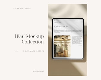 May include: A mockup of an iPad Pro displaying a website with the text "iPad Mockups Set" and a photo of a kitchen interior. The website also includes the text "Collections / Classic" and "1 iPad File".