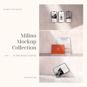 Milina mockup collectie, MacBook mockup, iPad mockup, iPhone mockup, A4 mockup, a4 flyer mockup, A5 mockup, branding mockup