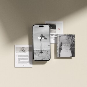 Pode incluir: Um smartphone que exibe uma cena de praia com a palavra "NEW" na tela.  H&aacute; quatro cart&otilde;es ao redor do telefone, um com o texto "CREATE YOUR STYLE IN 5 STEPS", um com o texto "NEW SPRING & SUMMER COLLECTION", um com o texto "50% SPRING DISCOUNT", e um com uma foto de uma pessoa vestindo um vestido branco.