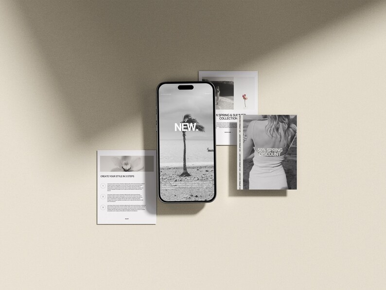 Pode incluir: Um smartphone que exibe uma cena de praia com a palavra "NEW" na tela.  H&aacute; quatro cart&otilde;es ao redor do telefone, um com o texto "CREATE YOUR STYLE IN 5 STEPS", um com o texto "NEW SPRING & SUMMER COLLECTION", um com o texto "50% SPRING DISCOUNT", e um com uma foto de uma pessoa vestindo um vestido branco.