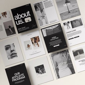 Pode incluir: Uma cole&ccedil;&atilde;o de imagens em preto e branco que mostram o site e o conte&uacute;do de m&iacute;dia social de uma marca de roupas. As imagens apresentam modelos vestindo roupas, descri&ccedil;&otilde;es de produtos e informa&ccedil;&otilde;es sobre o programa de afiliados da marca.