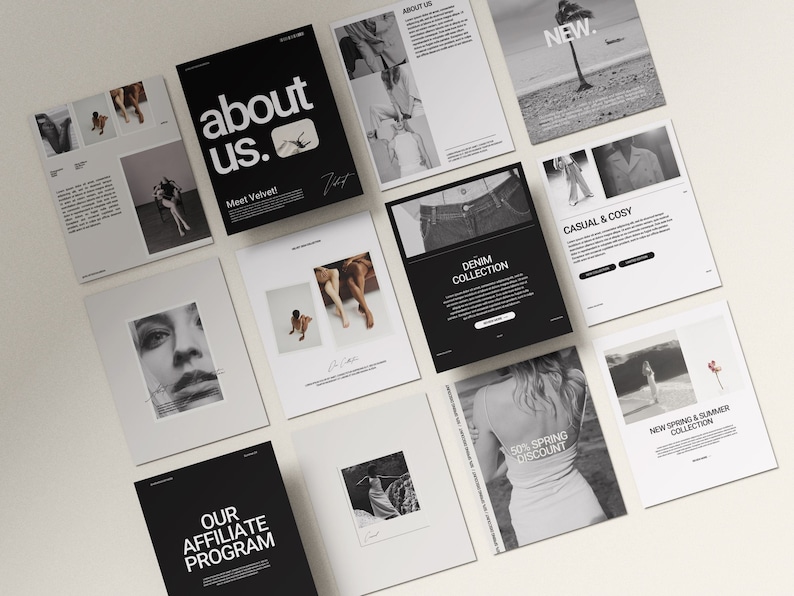 Pode incluir: Uma cole&ccedil;&atilde;o de imagens em preto e branco que mostram o site e o conte&uacute;do de m&iacute;dia social de uma marca de roupas. As imagens apresentam modelos vestindo roupas, descri&ccedil;&otilde;es de produtos e informa&ccedil;&otilde;es sobre o programa de afiliados da marca.